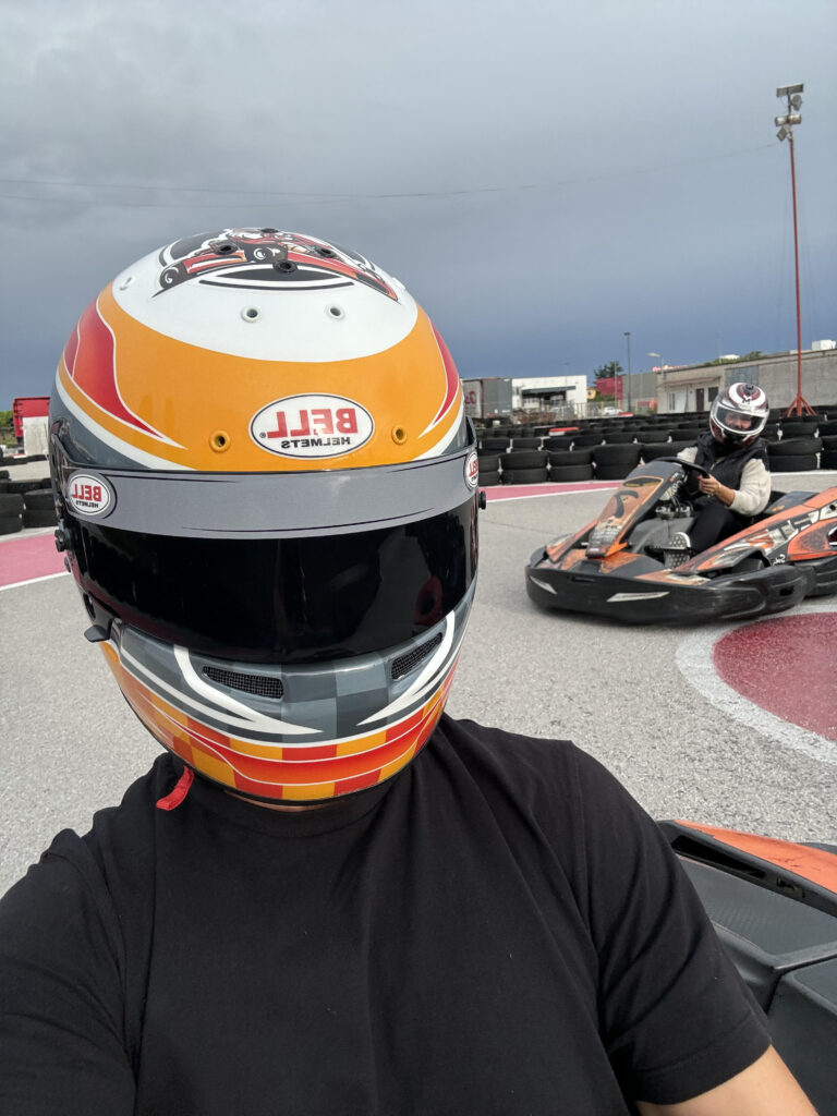 Close-up of orange racing helmet
